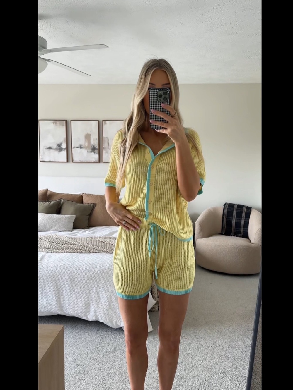 Yellow Knit Two-Piece Set with Blue Trim